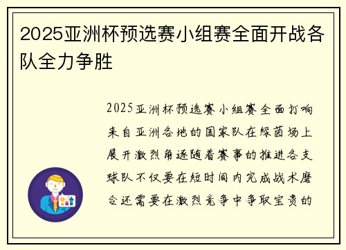 2025亚洲杯预选赛小组赛全面开战各队全力争胜
