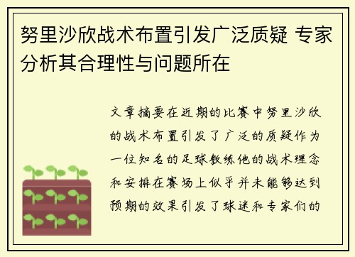努里沙欣战术布置引发广泛质疑 专家分析其合理性与问题所在 努里沙欣战术布置引发广泛质疑 专家分析其合理性与问题所在